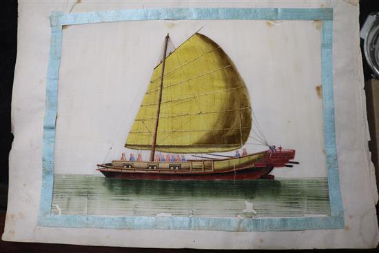 Seven 19th century Chinese pith paintings, five depicting junk boats and two flowers